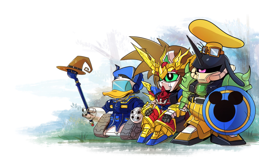 arm_cannon, backwards_hat, black_eyes, brown_hair, colored_sclera, disney, donald_duck, fusion, goofy, gouf, green_sclera, gundam, guntank, hat, highres, holding, holding_shield, holding_staff, horns, kingdom_hearts, liu_bei_unicorn_gundam, mecha, mobile_suit_gundam, no_humans, one-eyed, pink_eyes, pun, science_fiction, sd_gundam, sd_gundam_world_heroes, shield, single_horn, sora_(kingdom_hearts), spikes, staff, v-fin, visor, weapon, xzeit