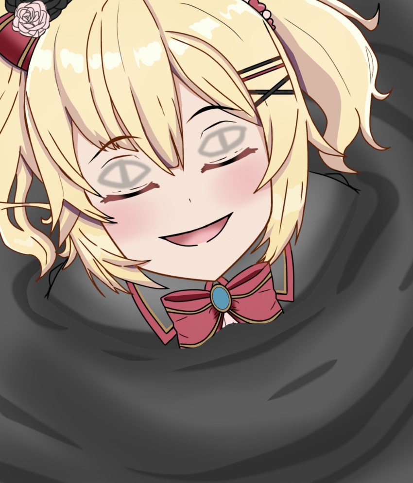 1girl, akai_haato, ashra_kun, bangs, blonde_hair, blush, bow, chin-chin_(tvfilthyfrank), closed_eyes, commentary, hair_bow, hair_ornament, hairclip, heart, heart_hair_ornament, highres, hololive, markings, open_mouth, smile, solo, submerged, tvfilthyfrank, virtual_youtuber