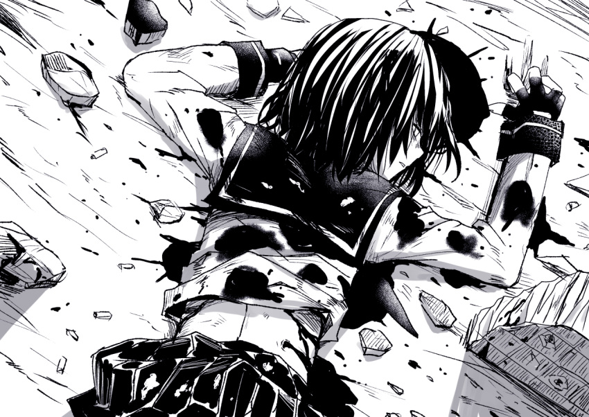 1girl, back, black_hair, black_skirt, black_sleeves, blood, blood_splatter, bloody_clothes