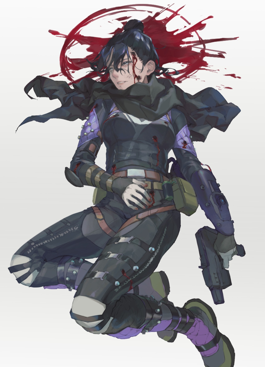1girl, alternator, apex_legends, black_bodysuit, black_hair, black_scarf, blood, blood_on_face