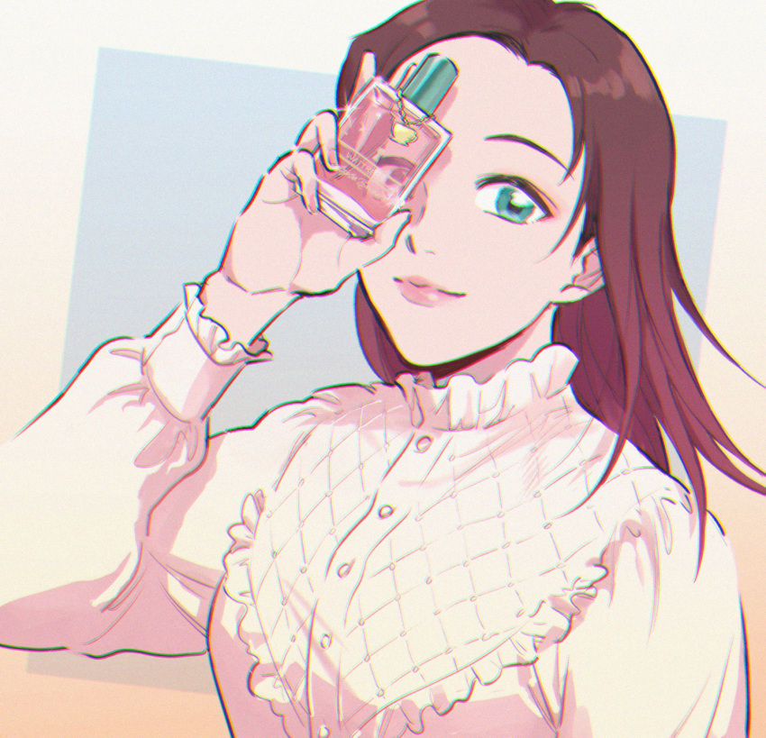 1girl, blouse, bottle, brown_hair, buttons, closed_mouth, commentary_request, enomoto_azusa