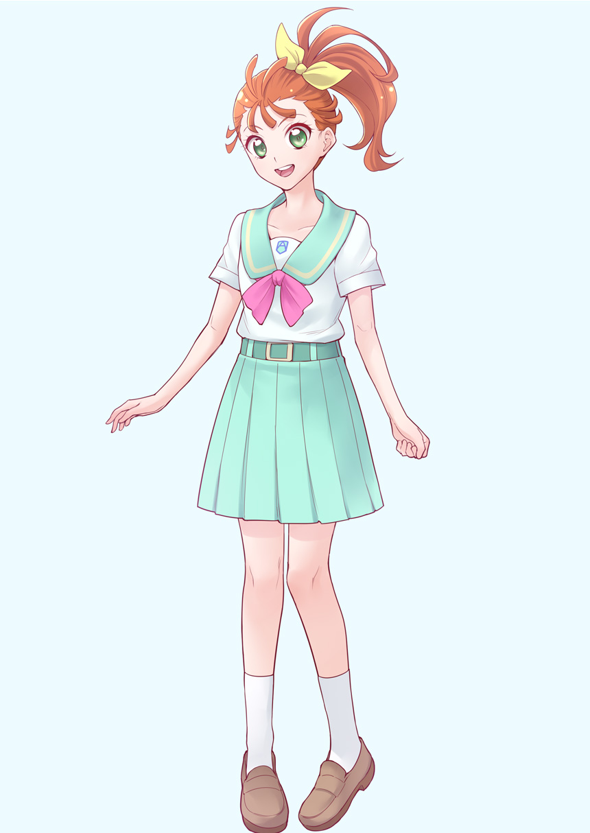 1girl, :d, aozora_middle_school_uniform, bangs, blue_background, brown_footwear, brown_hair, collarbone