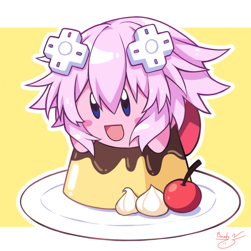 1boy, binato_lulu, blush, cosplay, food, happy, kirby, kirby's_dream_land, kirby_(series), multicolored_hair, neptune_(neptune_series), neptune_(neptune_series)_(cosplay), neptune_(series), pink_hair, pudding, purple_hair, short_hair, smile, solo, streaked_hair