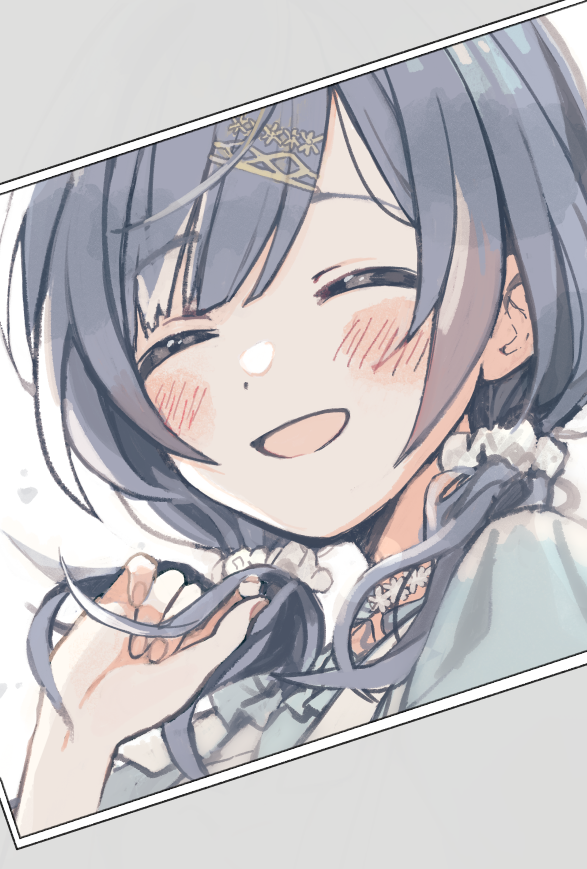 1girl, black_hair, blush, hands_up, holding, holding_hair, idolmaster, idolmaster_shiny_colors, miyama_okara, morino_rinze, open_mouth, short_sleeves, smile, solo, twintails