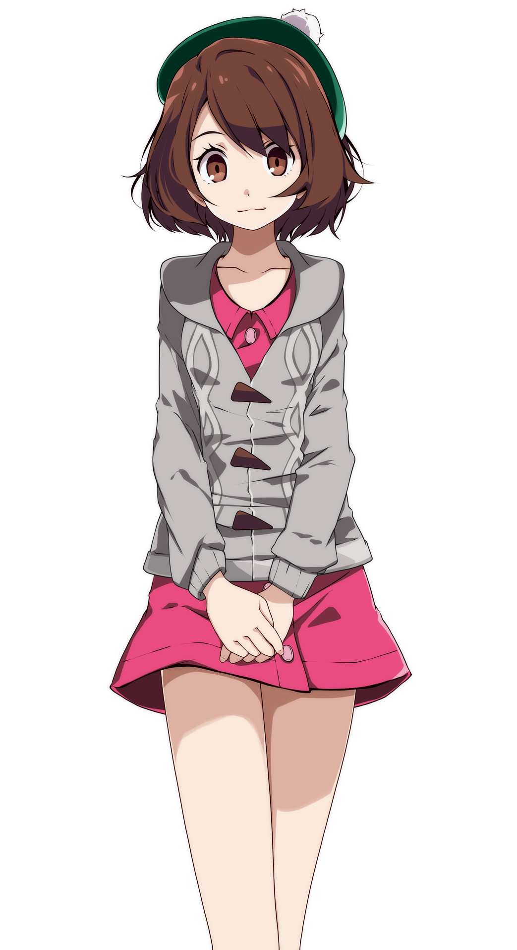 1girl, bangs, brown_eyes, brown_hair, cardigan, closed_mouth, collarbone, gloria_(pokemon)