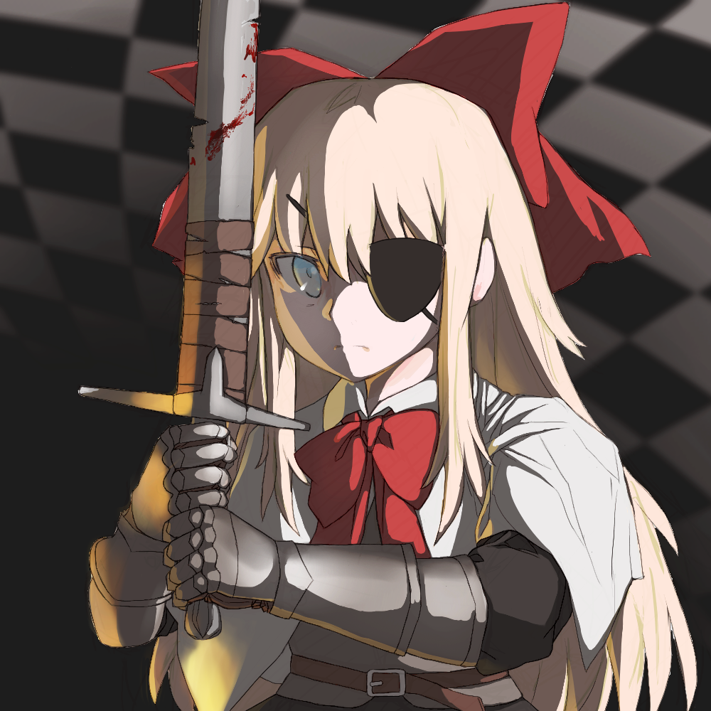 1girl, bangs, blonde_hair, blood, bloody_weapon, blouse, blush, bow