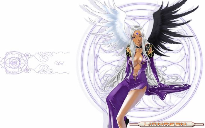 1girl, aa_megami-sama, black_wing, long_hair, tanned_skin, urd, wings, woman