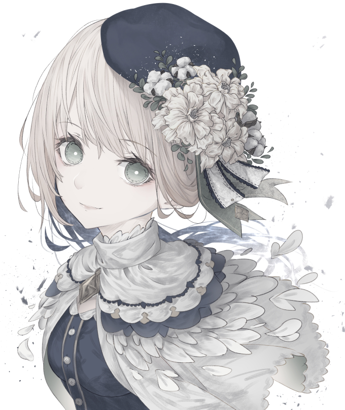 1girl, bao_lan, blonde_hair, flower, green_eyes, looking_at_viewer, medium_hair, original, petals, smile, solo, white_background