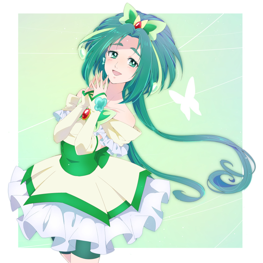 1girl, absurdres, akimoto_komachi, arm_warmers, bare_shoulders, bike_shorts, blush, border, brooch, butterfly_hair_ornament, collarbone, cure_mint, dress, fingers_together, forehead, frilled_skirt, frilled_sleeves, frills, green_background, green_shorts, hair_ornament, highres, jewelry, long_hair, looking_at_viewer, miyoshi_(miyomiyo_344), precure, sash, short_sleeves, shorts, skirt, solo, thick_eyebrows, white_border, yellow_dress, yes!_precure_5