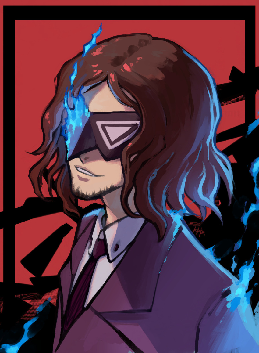 beard, black_mask, black_neckwear, blue_fire, brown_hair, dress_shirt, facial_hair, fire
