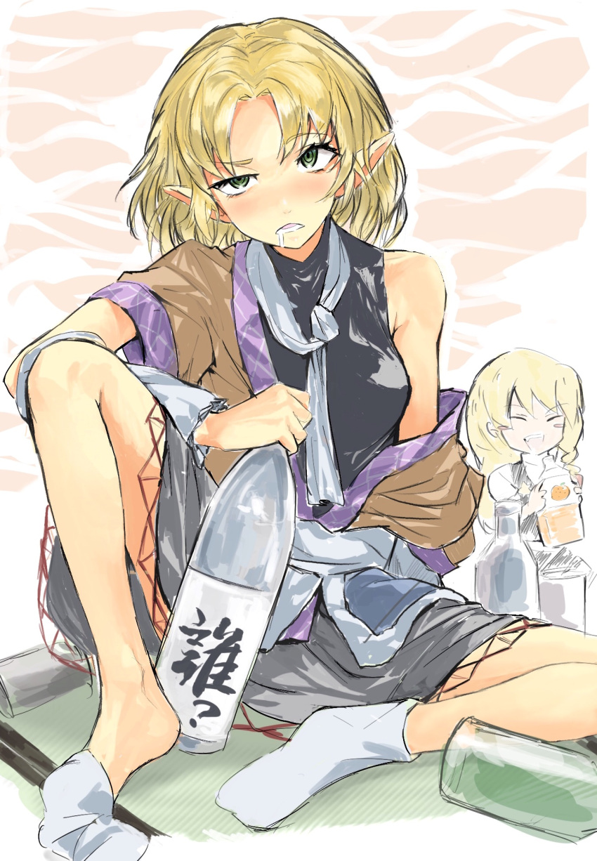 2girls, bangs, black_shirt, black_skirt, blonde_hair, blush_stickers, bottle, braid
