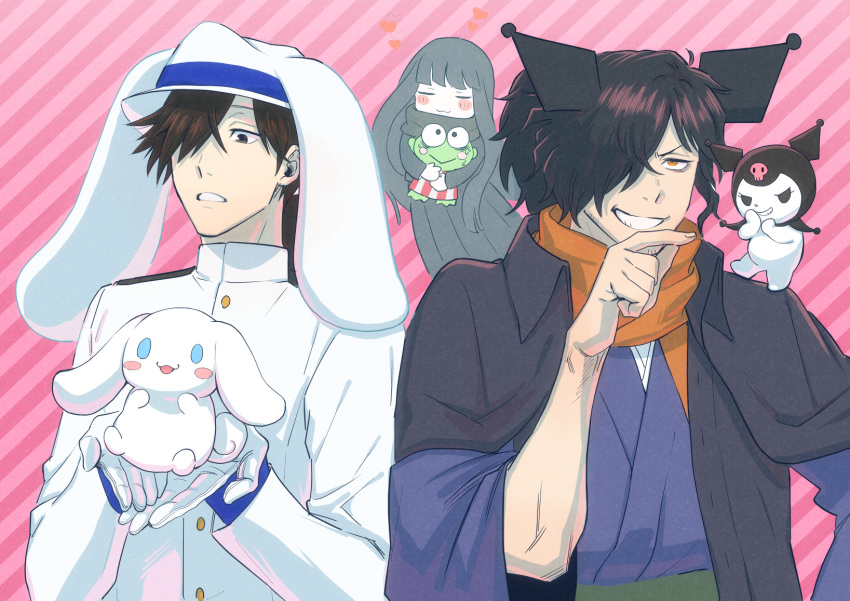 1girl, 2boys, :3, animal, animal_ears, animal_hug, black_hair, black_scarf