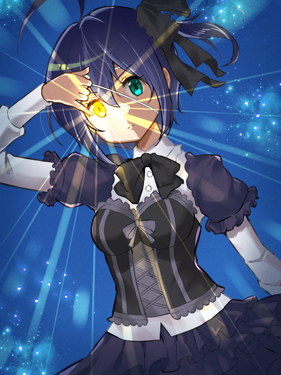 1girl, ahoge, akane_(akaneoekaki0928), arm_up, bangs, black_bow, black_neckwear, black_skirt