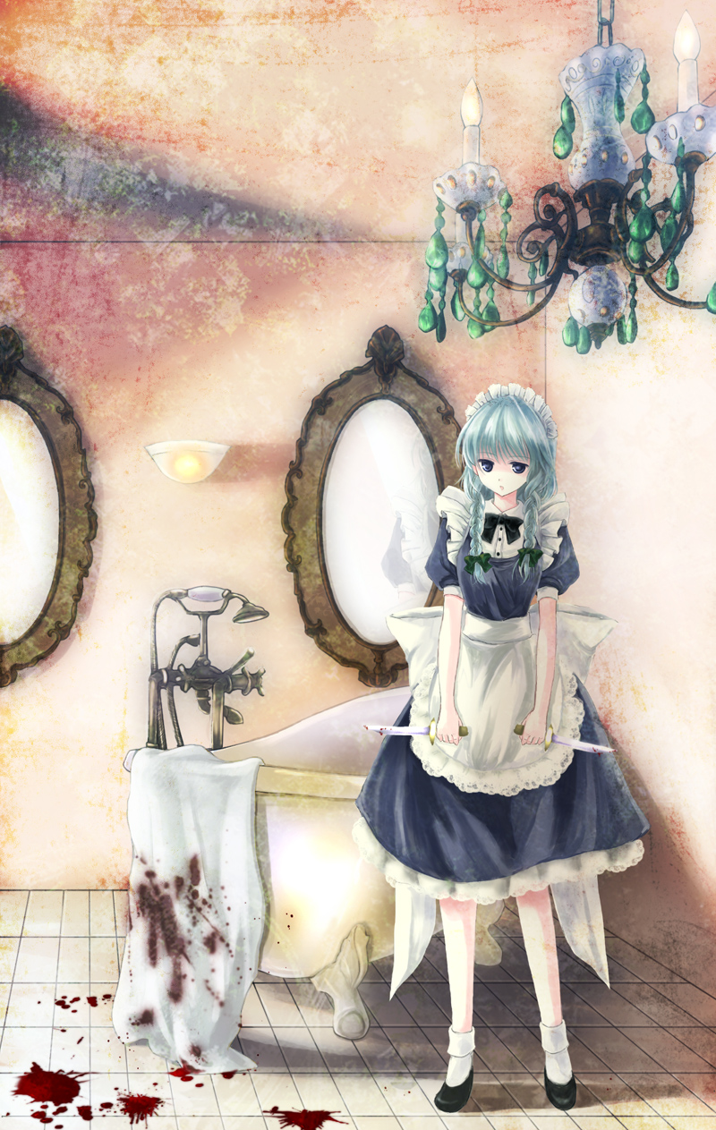 bathroom, bathtub, blood, blue_eyes, braid, chandelier, highres, izayoi_sakuya