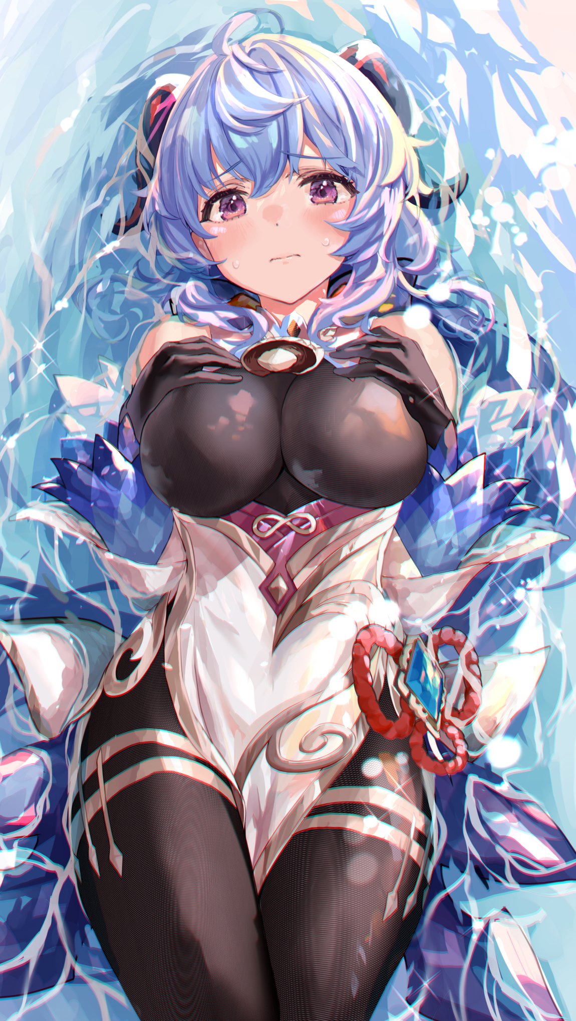 1girl, ahoge, bare_shoulders, bell, black_gloves, blue_hair, bodystocking, breasts