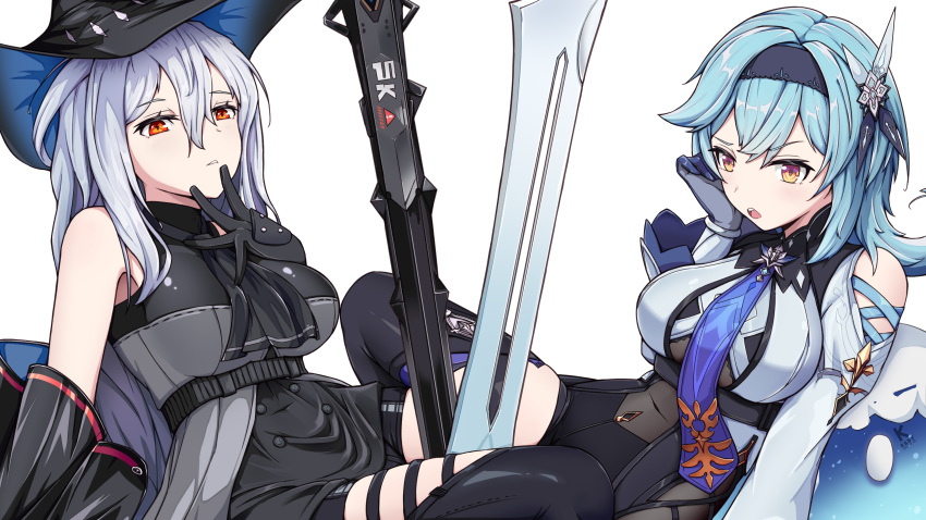 2girls, :o, absurdres, arknights, arm_cuffs, arm_support, ascot, bangs