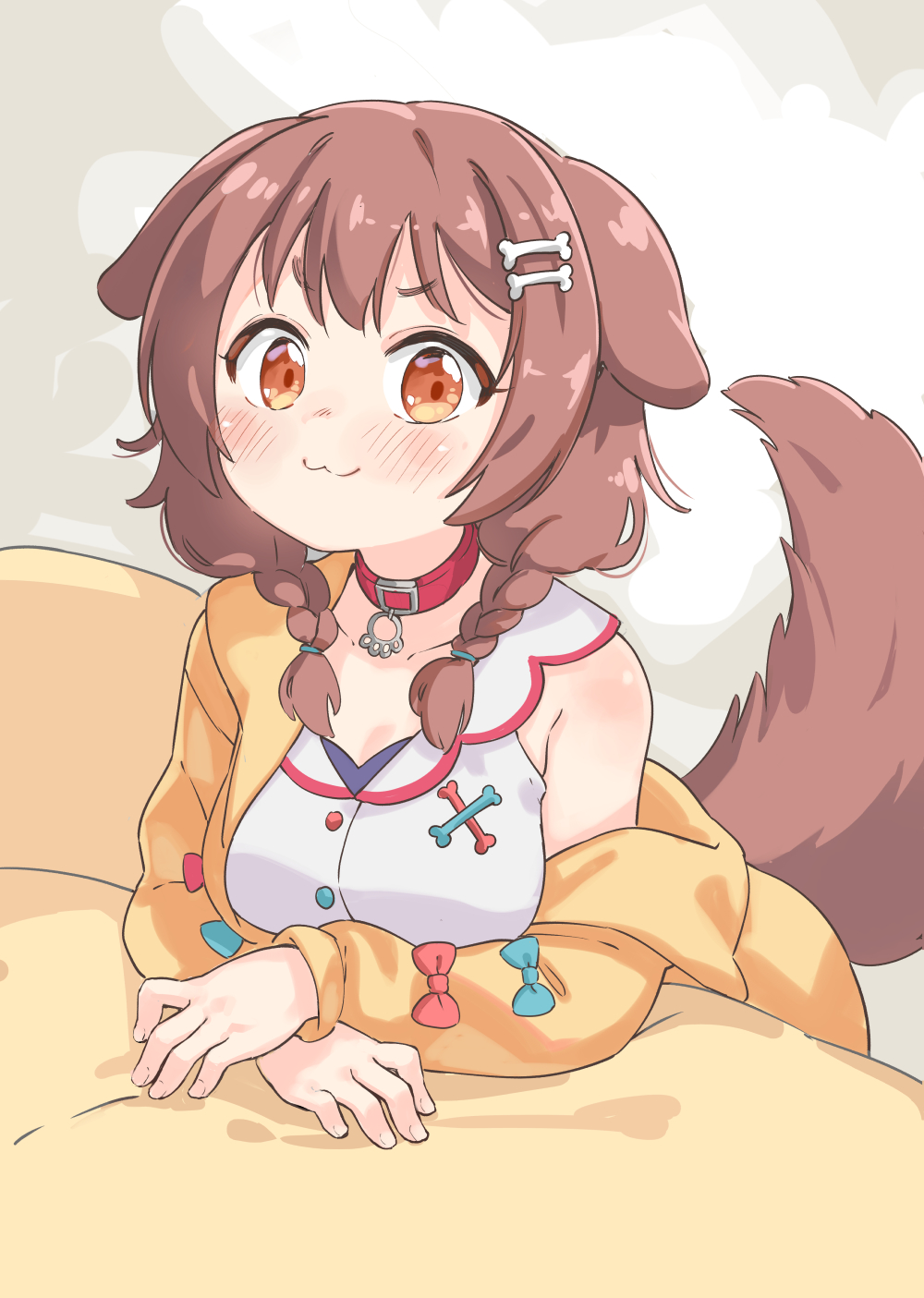 1girl, :3, animal_collar, animal_ears, bangs, blue_bow, blush, bone_hair_ornament