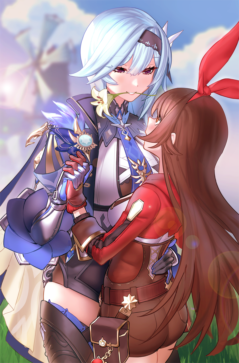 2girls, amber_(genshin_impact), black_headband, black_legwear, blue_hair, blue_neckwear, brown_eyes, brown_hair