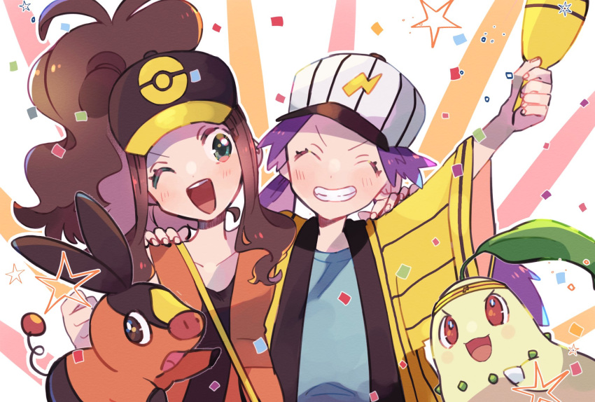 2girls, ;d, antenna_hair, arm_up, bag, baseball_cap, blush, brown_hair