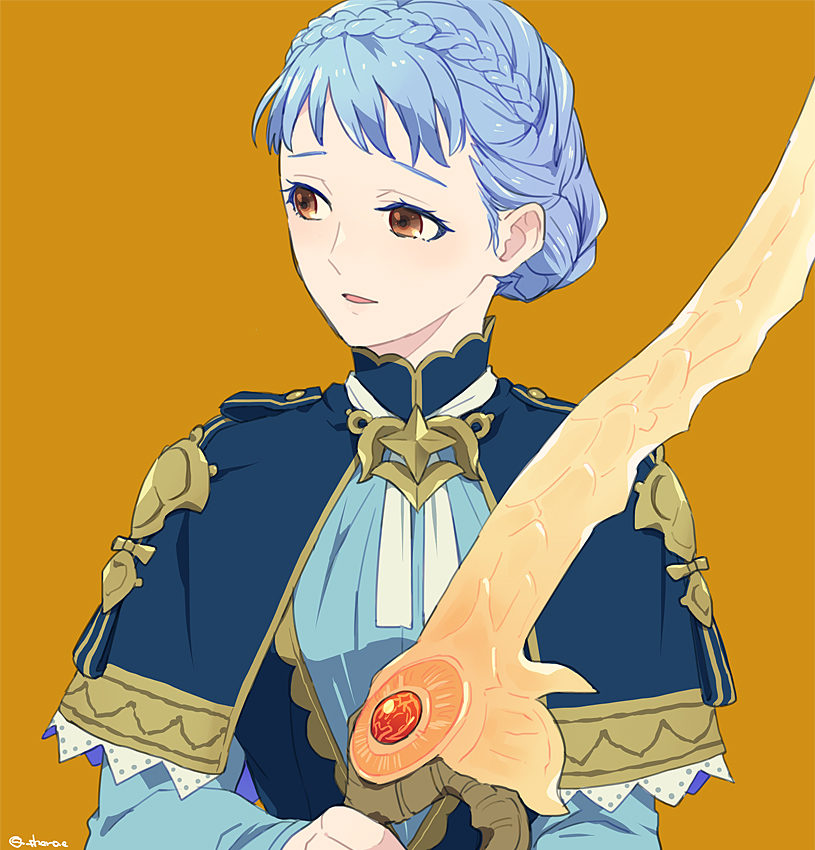 1girl, bangs, blue_hair, blutgang_(fire_emblem), braid, brown_eyes, fire_emblem, fire_emblem:_three_houses, guttary, hair_bun, holding, holding_weapon, looking_to_the_side, marianne_von_edmund, open_mouth, simple_background, solo, weapon