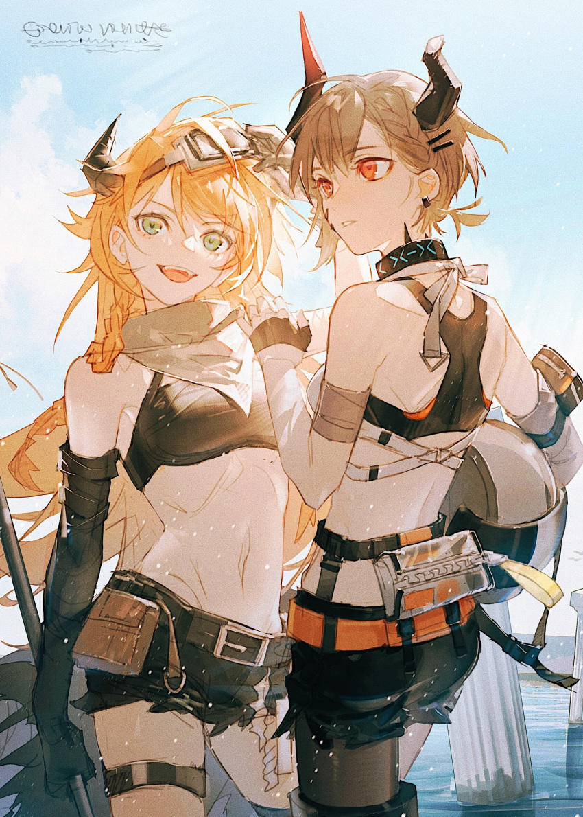 2girls, :d, arknights, bandana, bandeau, bangs, bare_shoulders, belt