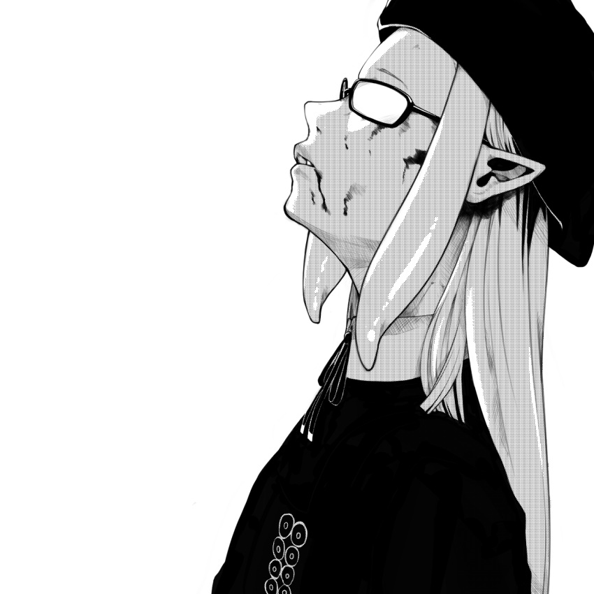 1girl, beret, blood, blood_on_face, collared_shirt, derivative_work, glasses, greyscale