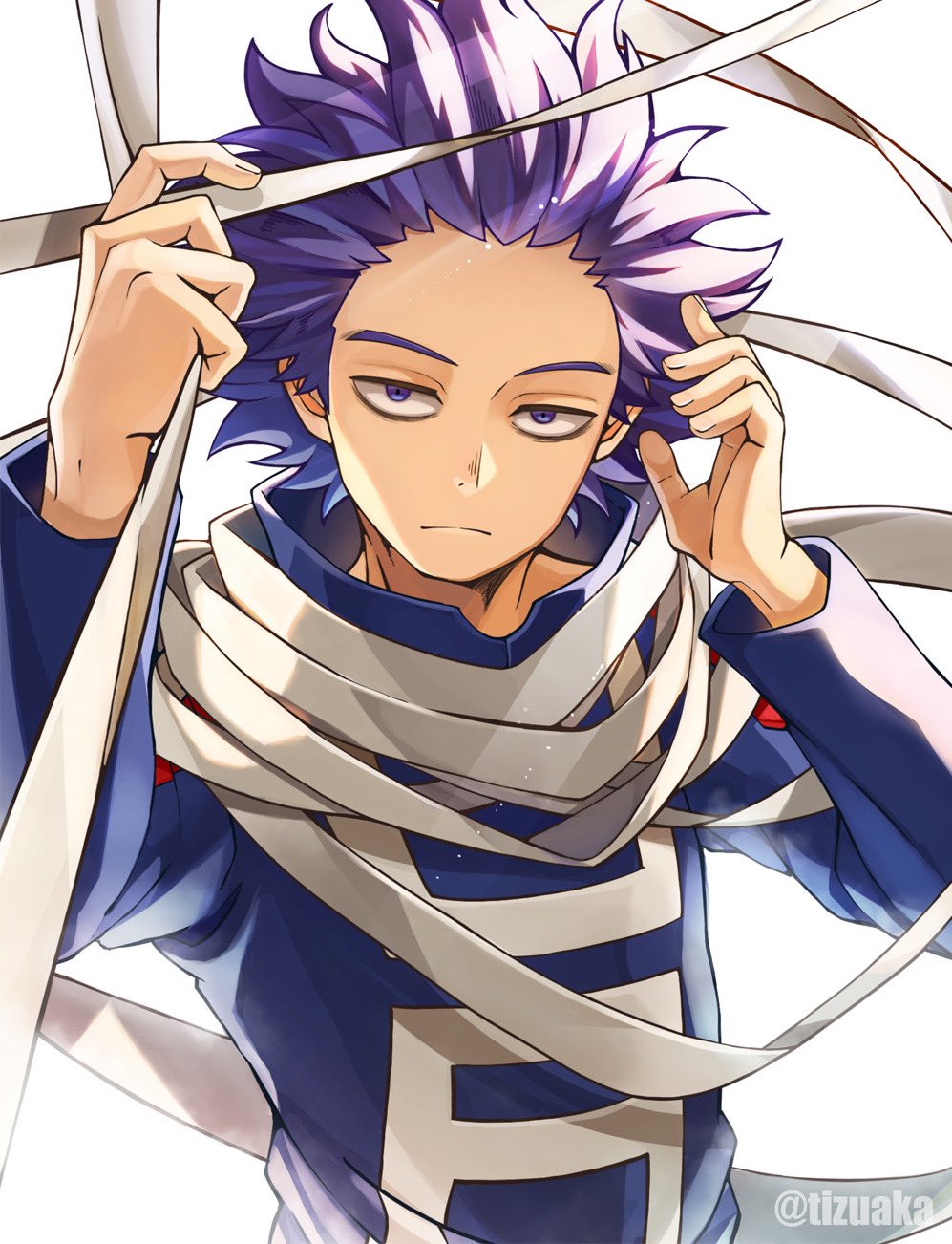 1boy, blue_shirt, boku_no_hero_academia, expressionless, grey_scarf, hair_up, highres, holding, long_sleeves, looking_at_viewer, male_focus, purple_hair, scarf, shinsou_hitoshi, shiny, shiny_hair, shirt, solo, tonbanlove, twitter_username, two-tone_shirt, u.a._gym_uniform, upper_body, white_shirt