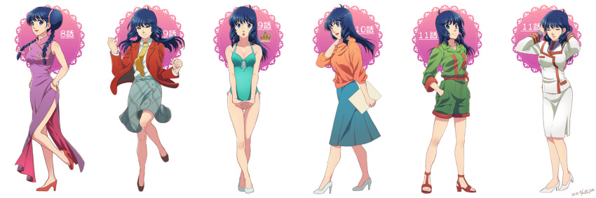 1girl, :o, aqua_swimsuit, blazer, blue_eyes, blue_hair, blue_skirt, breasts, china_dress, chinese_clothes, choujikuu_yousai_macross, closed_eyes, dress, green_jumpsuit, hands_in_pockets, high_heels, highres, jacket, kutsuno, lynn_minmay, macross, medium_breasts, military, military_uniform, official_alternate_costume, one-piece_swimsuit, purple_dress, red_jacket, school_uniform, skirt, smile, surprised, swimsuit, uniform, uta_macross_sumaho_deculture, white_background, white_footwear, white_jacket, white_skirt