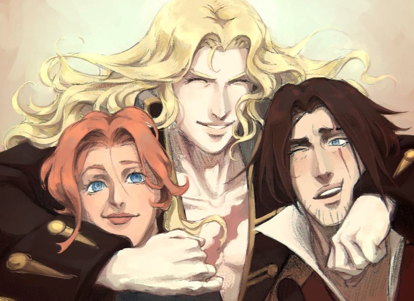 1girl, 2boys, alucard_(castlevania), artist_request, bishounen, black_hair, blonde_hair, blue_eyes
