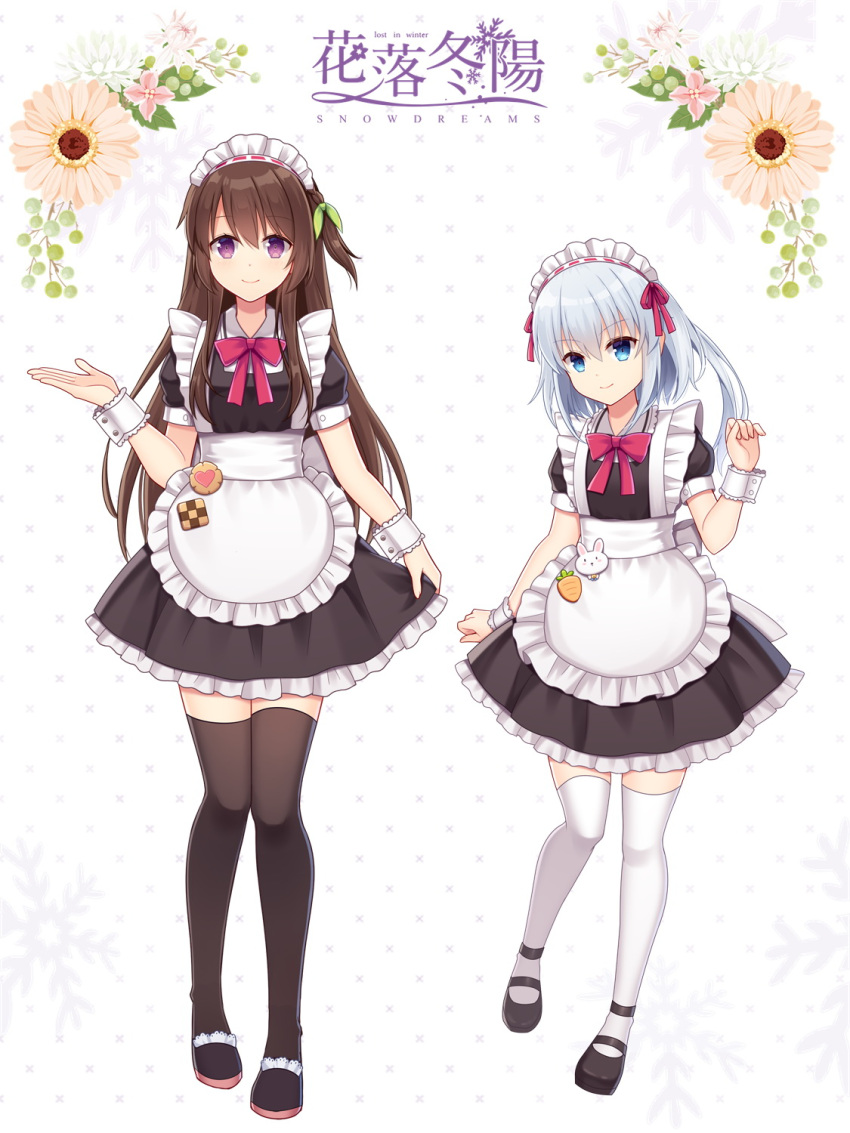 2girls, apron, bangs, black_dress, black_footwear, black_legwear, blue_eyes, brown_hair