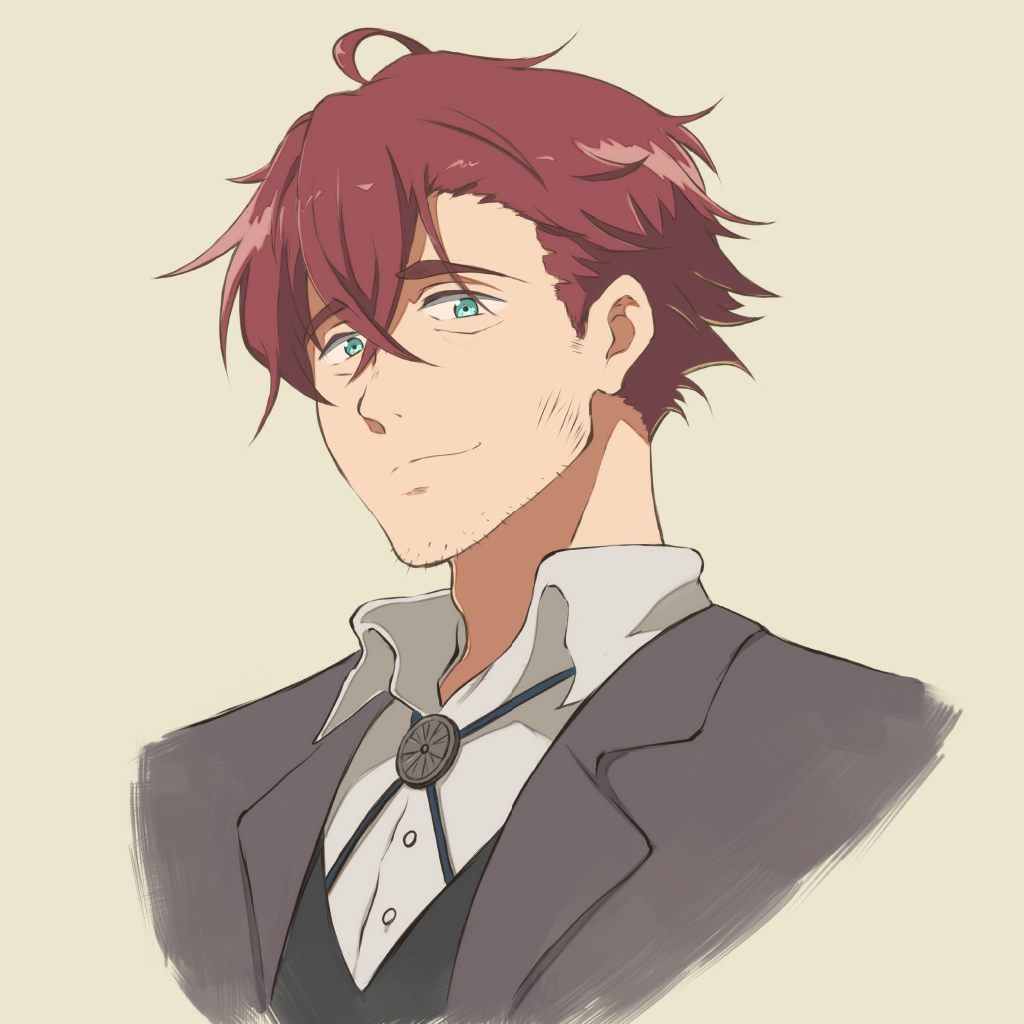 1boy, blue_eyes, brooch, claudia_hodgins, dirty, dirty_face, facial_hair, formal