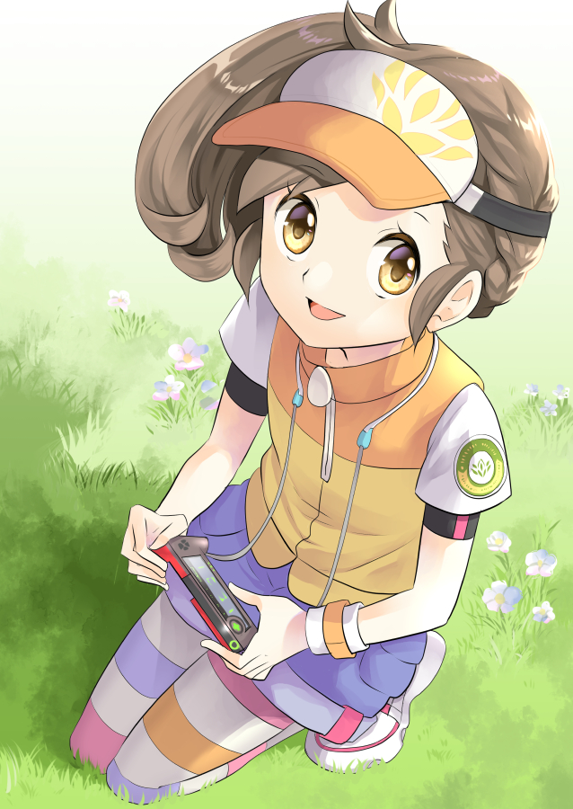 1girl, bangs, brown_hair, camera, commentary_request, denim, denim_shorts, eyelashes