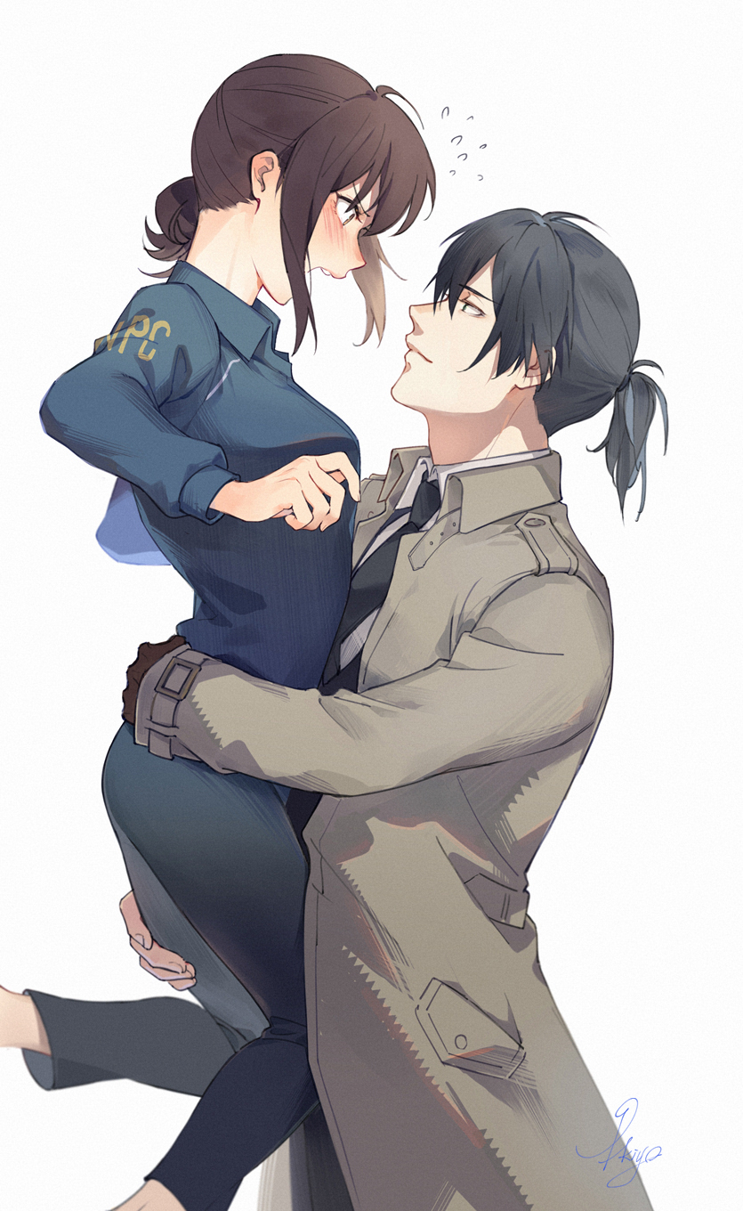 1boy, 1girl, black_pants, blush, brown_gloves, eye_contact, flustered, ginoza_nobuchika