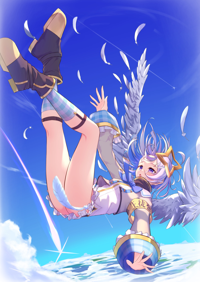 1girl, amane_kanata, angel, angel_wings, armband, bangs, black_hair, blue_hair, blue_legwear, blue_neckwear, boots, clouds, cocoablue23, colored_inner_hair, commentary_request, convenient_censoring, cropped_jacket, day, falling, feathered_wings, feathers, frilled_skirt, frills, full_body, gingham_legwear, grey_jacket, highres, hololive, jacket, long_sleeves, multicolored_hair, outstretched_arms, shirt, short_hair, skirt, sky, sock_garters, socks, solo, star_halo, turtleneck, violet_eyes, virtual_youtuber, white_hair, white_shirt, wings