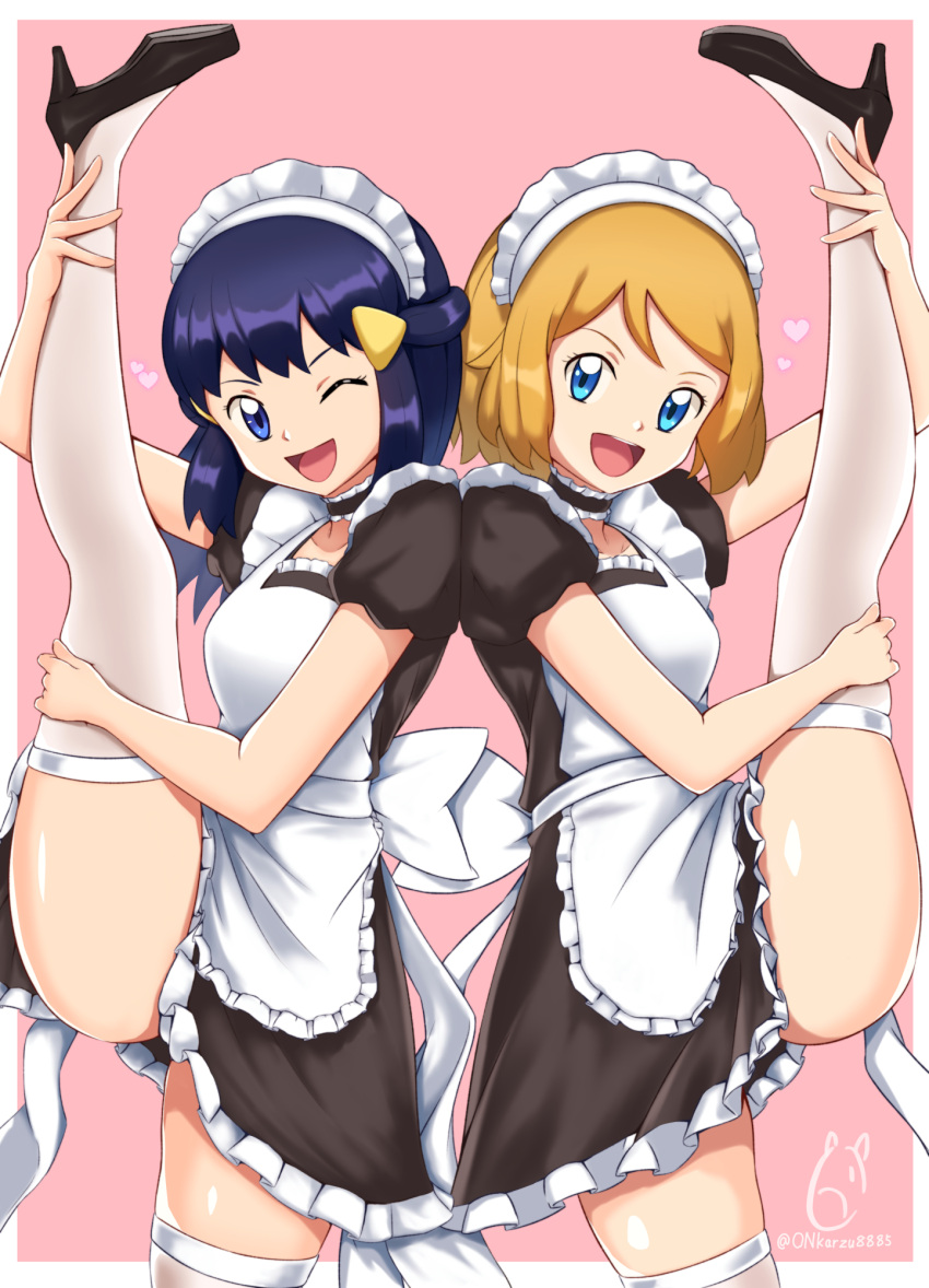 blonde_hair, blue_eyes, blue_hair, hikari_(pokemon), high_heels, highres, maid, maid_headdress, on_kazu, one_eye_closed, pokemon, serena_(pokemon), smile, split, standing, standing_on_one_leg, standing_split, thigh-highs, thighs, twitter_username, white_legwear