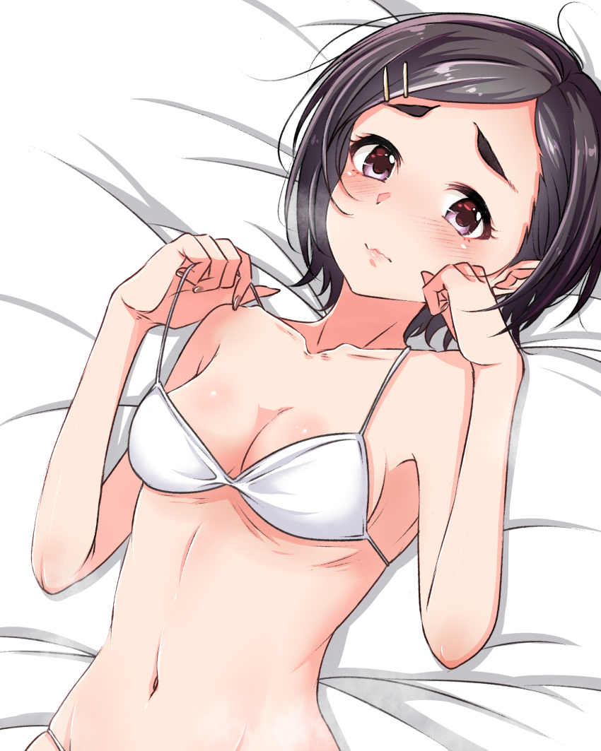 absurdres, bikini, black_hair, blush, brown_nails, hair_ornament, hairclip, hand_up