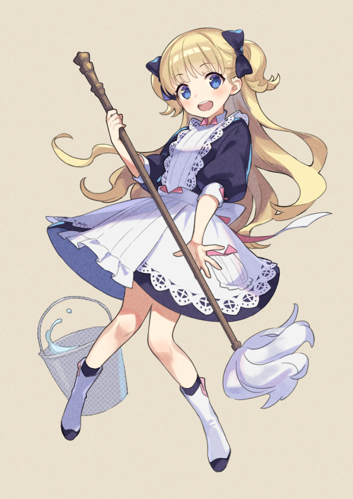 1girl, ame8desu, apron, bangs, blonde_hair, blue_bow, blue_dress, blush