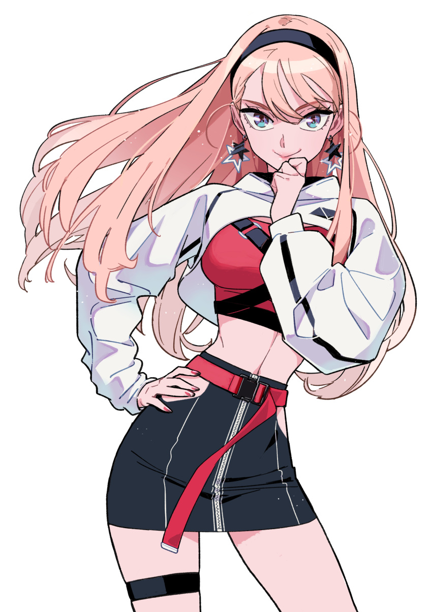 1girl, absurdres, belt, black_hairband, black_skirt, blonde_hair, blue_eyes, contrapposto, cowboy_shot, earrings, girl_crush, hairband, hand_on_hip, hand_up, highres, jewelry, long_hair, long_sleeves, looking_at_viewer, midriff, red_belt, red_nails, simple_background, skirt, smile, solo, star_(symbol), star_earrings, tayama_midori, white_background, zipper