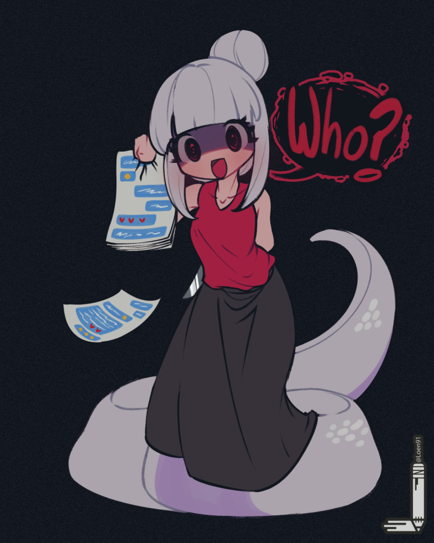1girl, :d, bangs, black_skirt, blunt_bangs, full_body, highres, holding