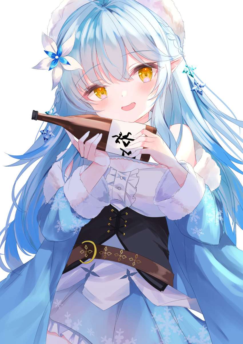 1girl, absurdres, bangs, bare_shoulders, belt, beret, black_corset, blue_coat