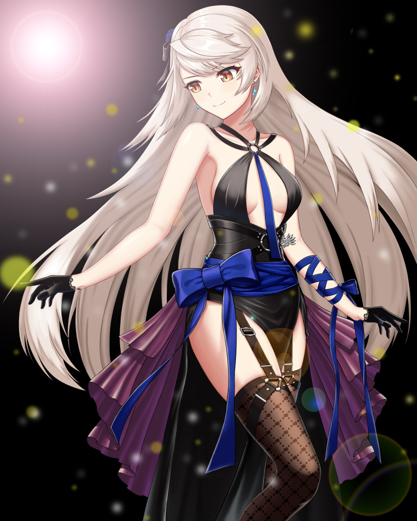 1girl, absurdres, armpits, bangs, bare_arms, bare_shoulders, black_dress, black_gloves