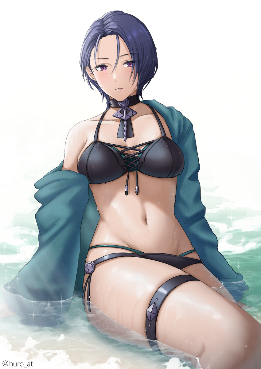 1girl, absurdres, bikini, black_bikini, blue_hair, breasts, commentary_request, fire_emblem