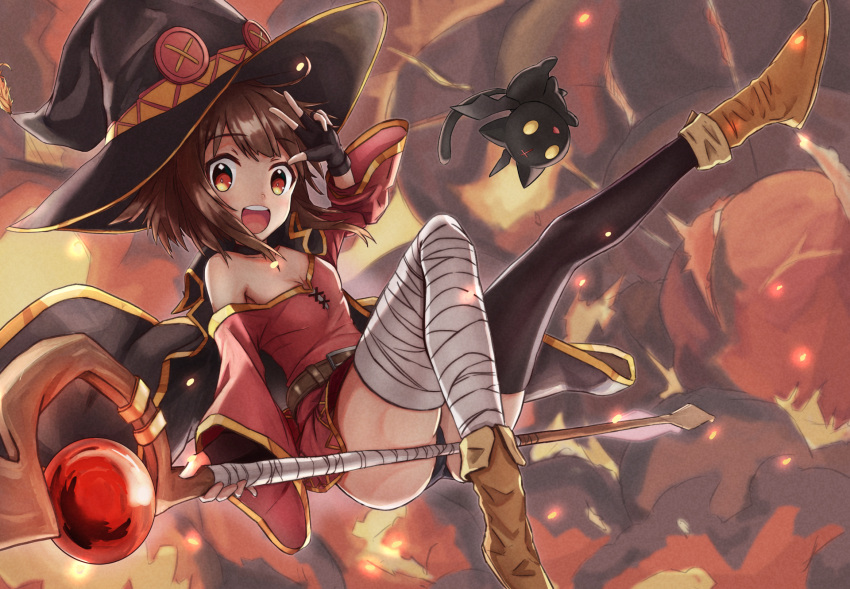 1girl, animal, asymmetrical_legwear, bandaged_leg, bandages, black_hair, cat, choker, chomusuke, explosion, fingerless_gloves, gloves, h@ne, happy, highres, holding, kono_subarashii_sekai_ni_shukufuku_wo!, looking_at_viewer, megumin, red_eyes, short_hair_with_long_locks, single_thighhigh, smile, solo, thigh-highs