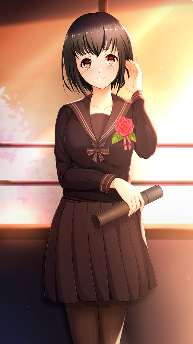 1girl, bangs, black_hair, black_legwear, black_shirt, black_skirt, brown_eyes, brown_sailor_collar