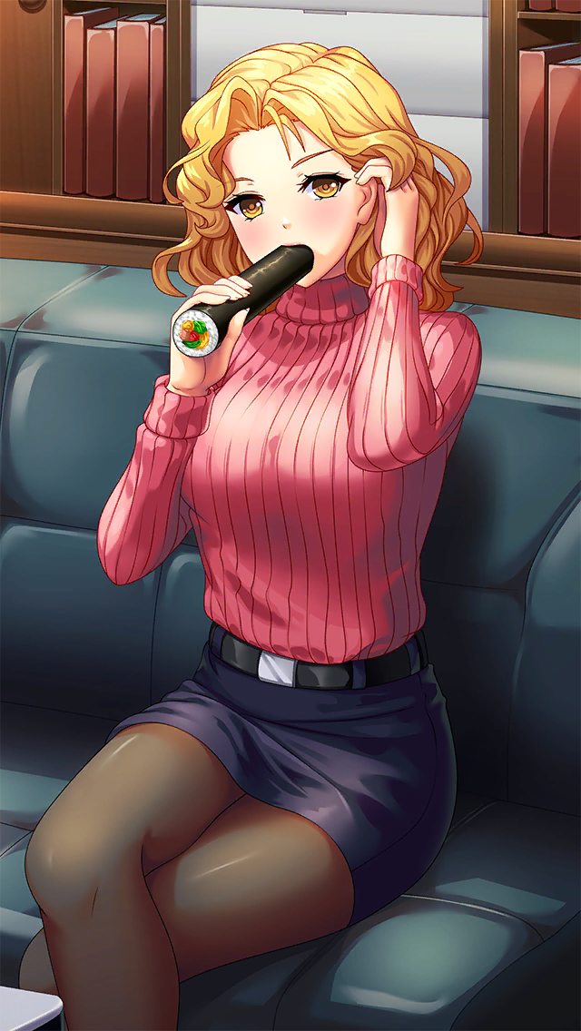 1girl, belt, black_belt, blonde_hair, blue_skirt, crossed_legs, curly_hair, doukyuusei