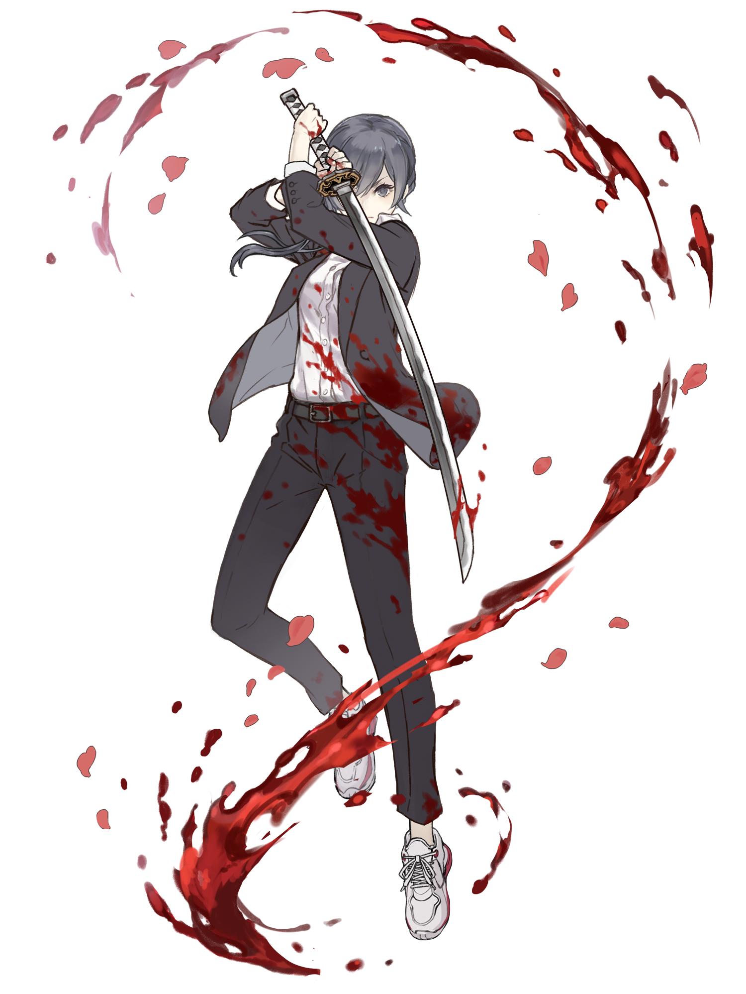 1girl, asymmetrical_bangs, bangs, black_jacket, black_pants, blood, bloody_clothes, full_body