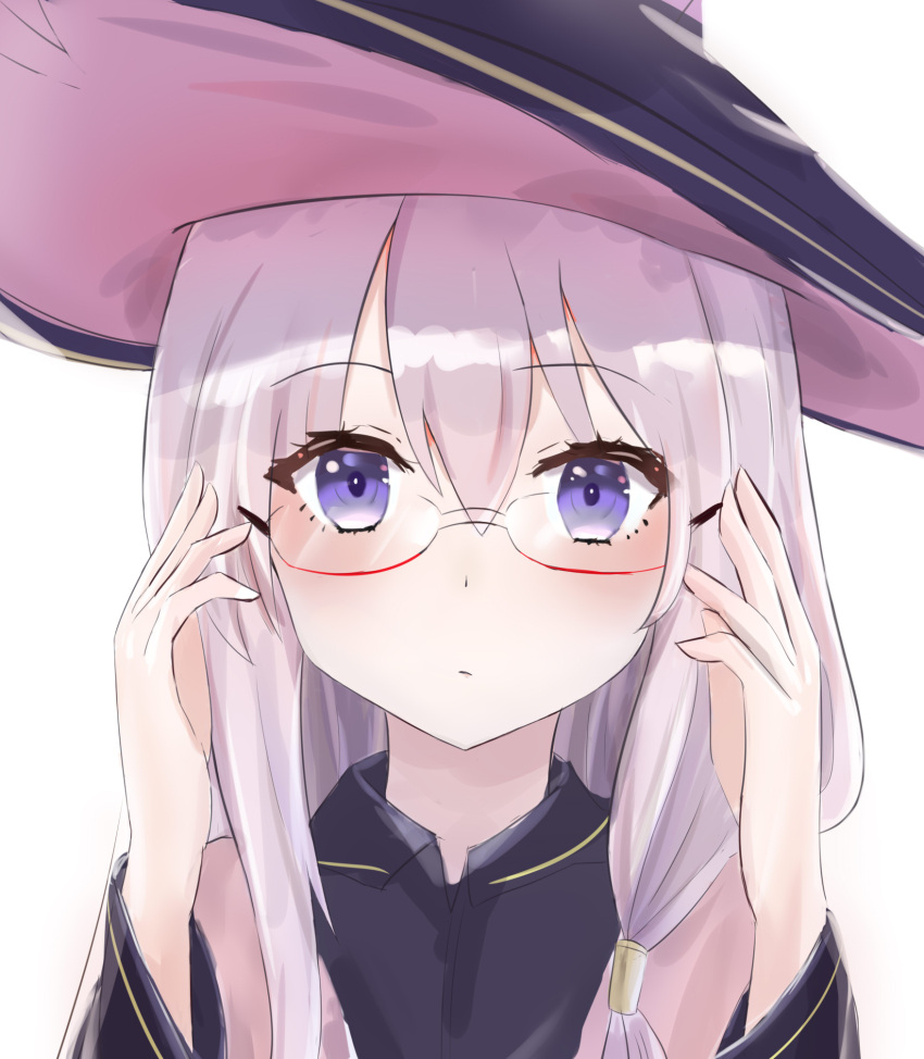 1girl, bespectacled, black_headwear, black_shirt, blue_eyes, closed_mouth, collared_shirt, elaina_(majo_no_tabitabi)
