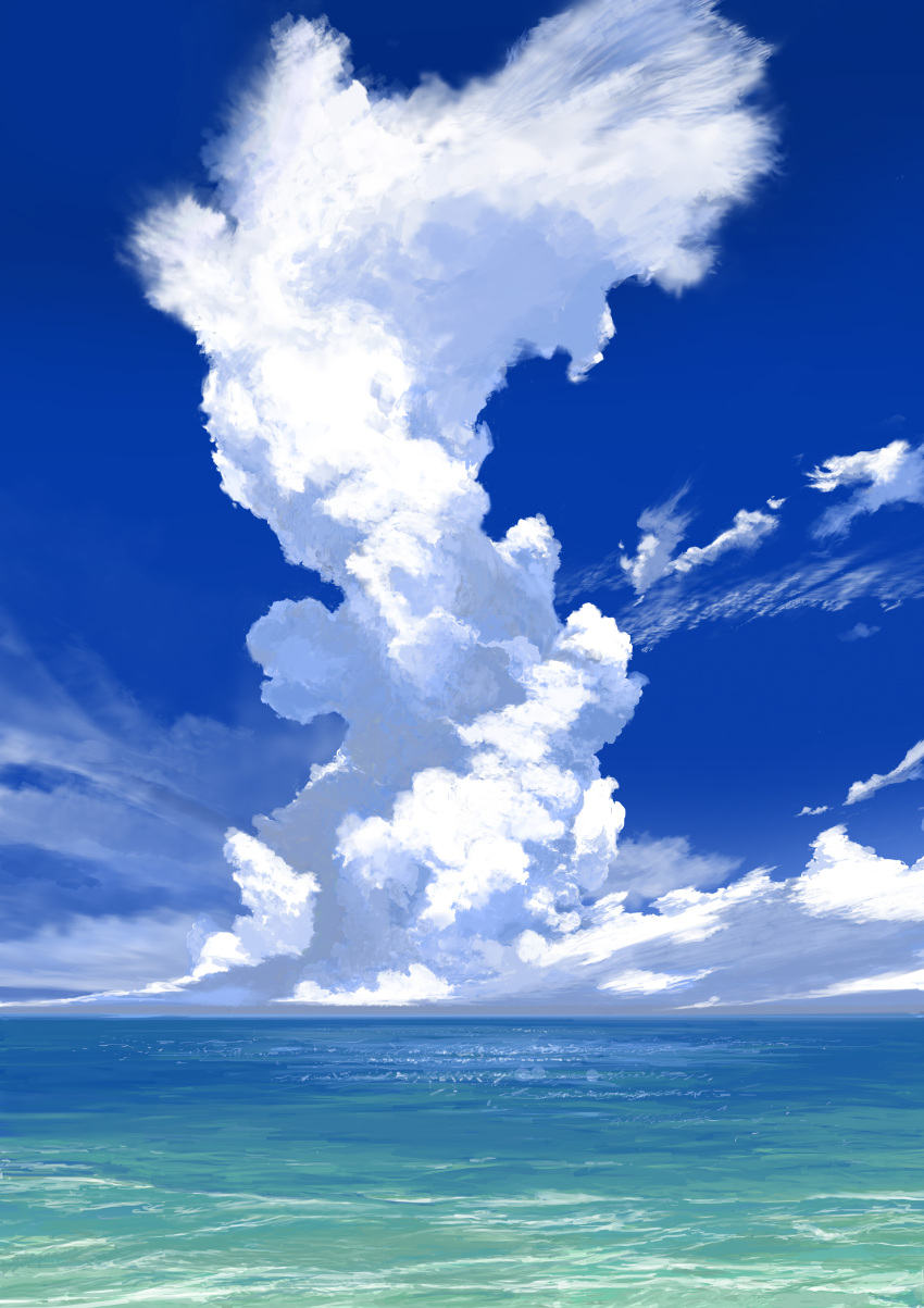 absurdres, blue_sky, blur, cloud_focus, clouds, cloudy_sky, commentary_request, derivative_work, highres, horizon, light, multicolored, nature, no_humans, ocean, pajaman, reflective_water, scenery, sky, summer, sunlight, water, wind