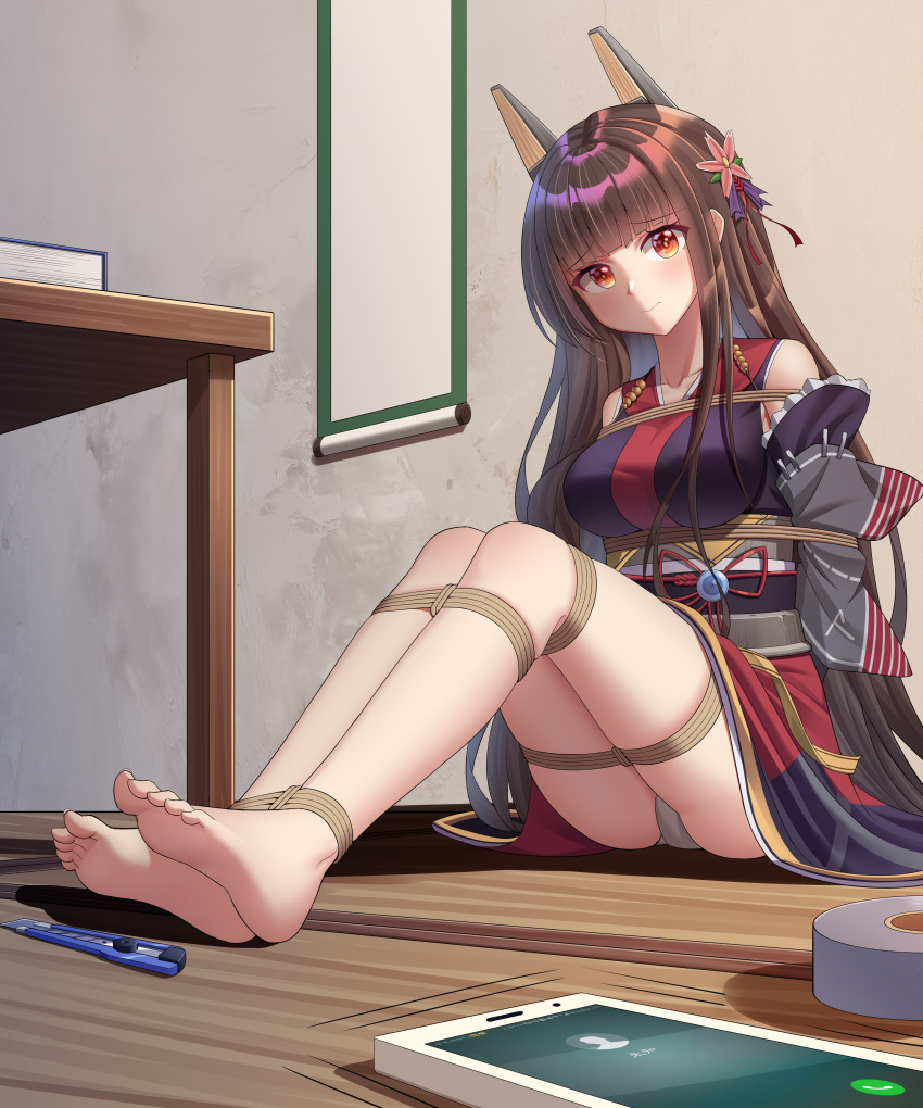 1girl, absurdres, akagi_(warship_girls_r), arms_behind_back, bdsm, black_kimono, bondage, bound