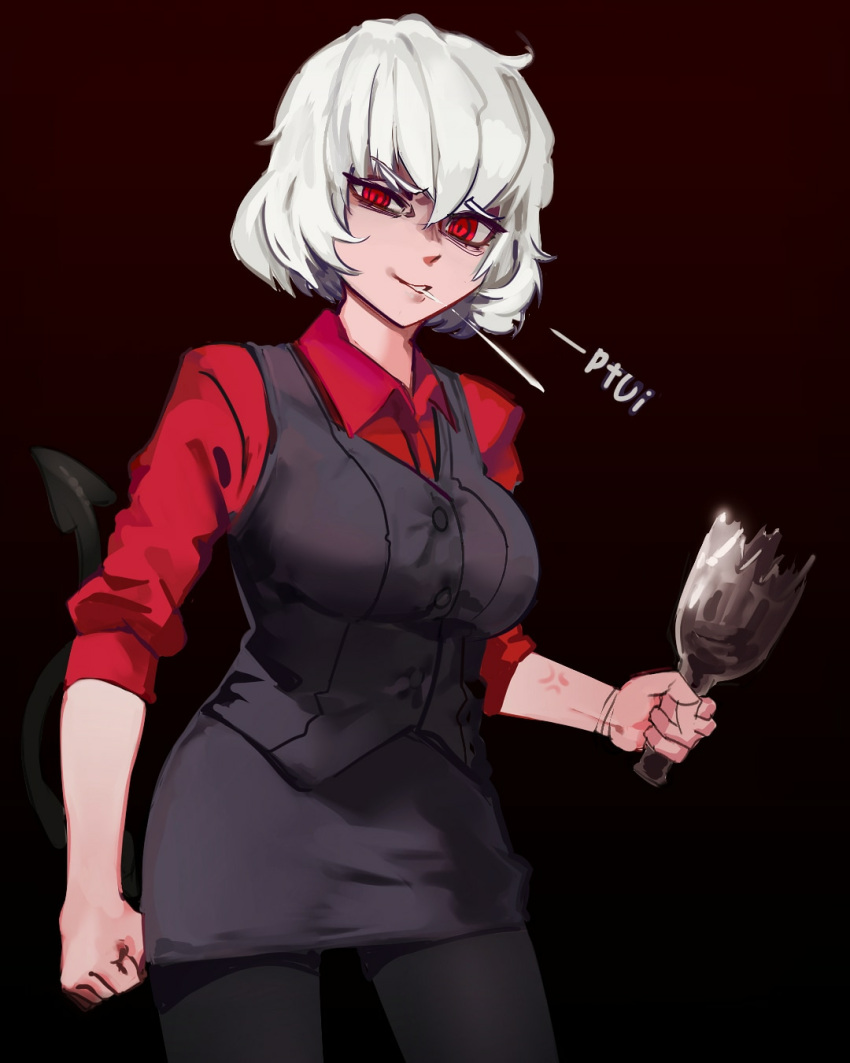 1girl, anger_vein, black_legwear, black_skirt, black_tail, black_vest, bottle, breasts, clenched_hand, clenched_hands, collared_shirt, demon_girl, demon_tail, eyebrows, eyebrows_visible_through_hair, gagmoo, helltaker, highres, large_breasts, malina_(helltaker), pantyhose, red_eyes, red_shirt, shirt, skirt, sleeves_rolled_up, spit_take, spitting, tail, vest, white_hair